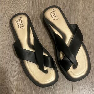 Franco Sarto Black and Gold, Janey Slide Sandals
